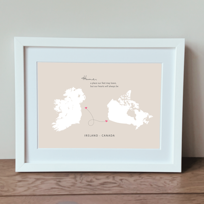 Framed Ireland to Canada home wall art for Irish living abroad in a white frame