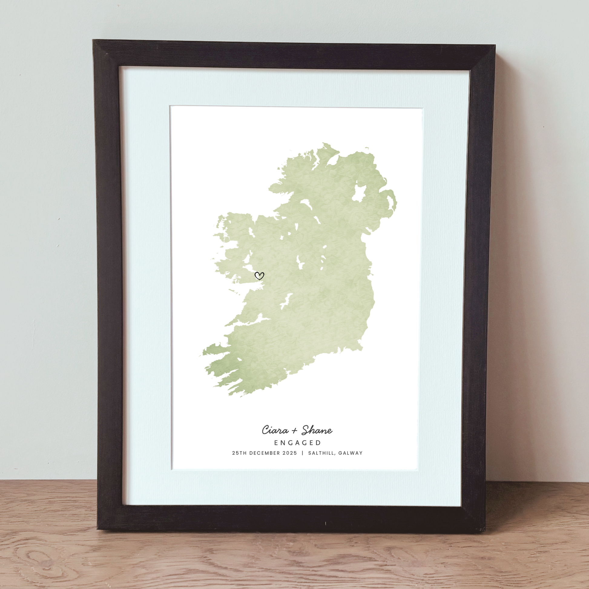 Watercolour Ireland map engagement gift with custom heart location black frame