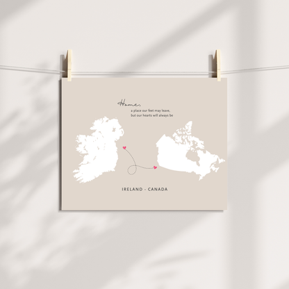 A personalised map art print of Ireland and Canada sentimental gift