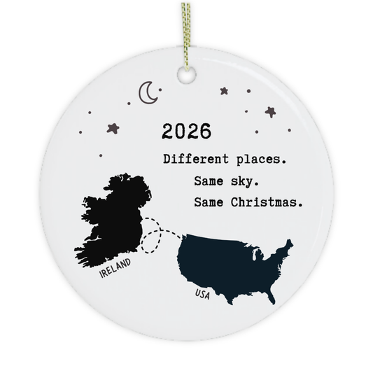 Ireland and USA Christmas ornament with connecting dotted line, moon and stars