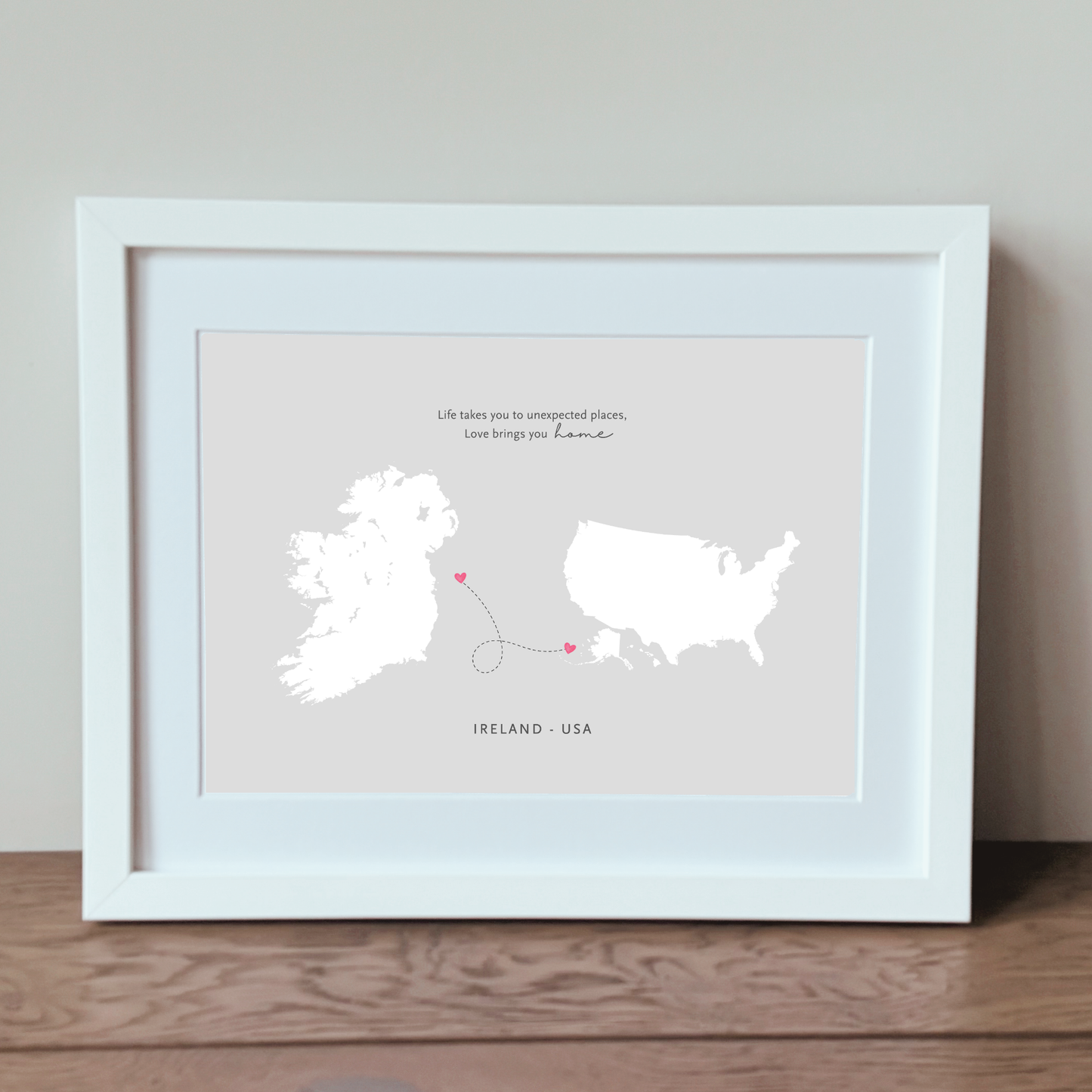 Framed Ireland to america home wall art for Irish living abroad in a white frame