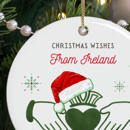 Close-up of the Claddagh symbol and festive details on an Irish Christmas ornament