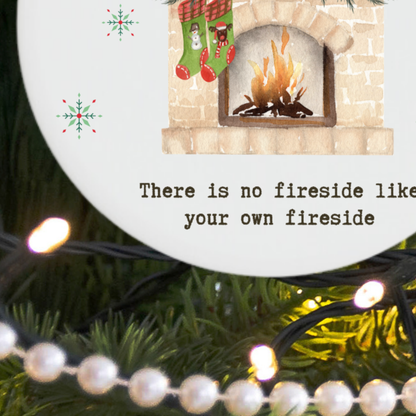 Detail of the festive fireplace, Christmas stockings and greenery on an Irish Christmas ornament