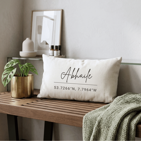 Abhaile cushion gift with personalised coordinates, meaningful Irish home keepsake Ireland