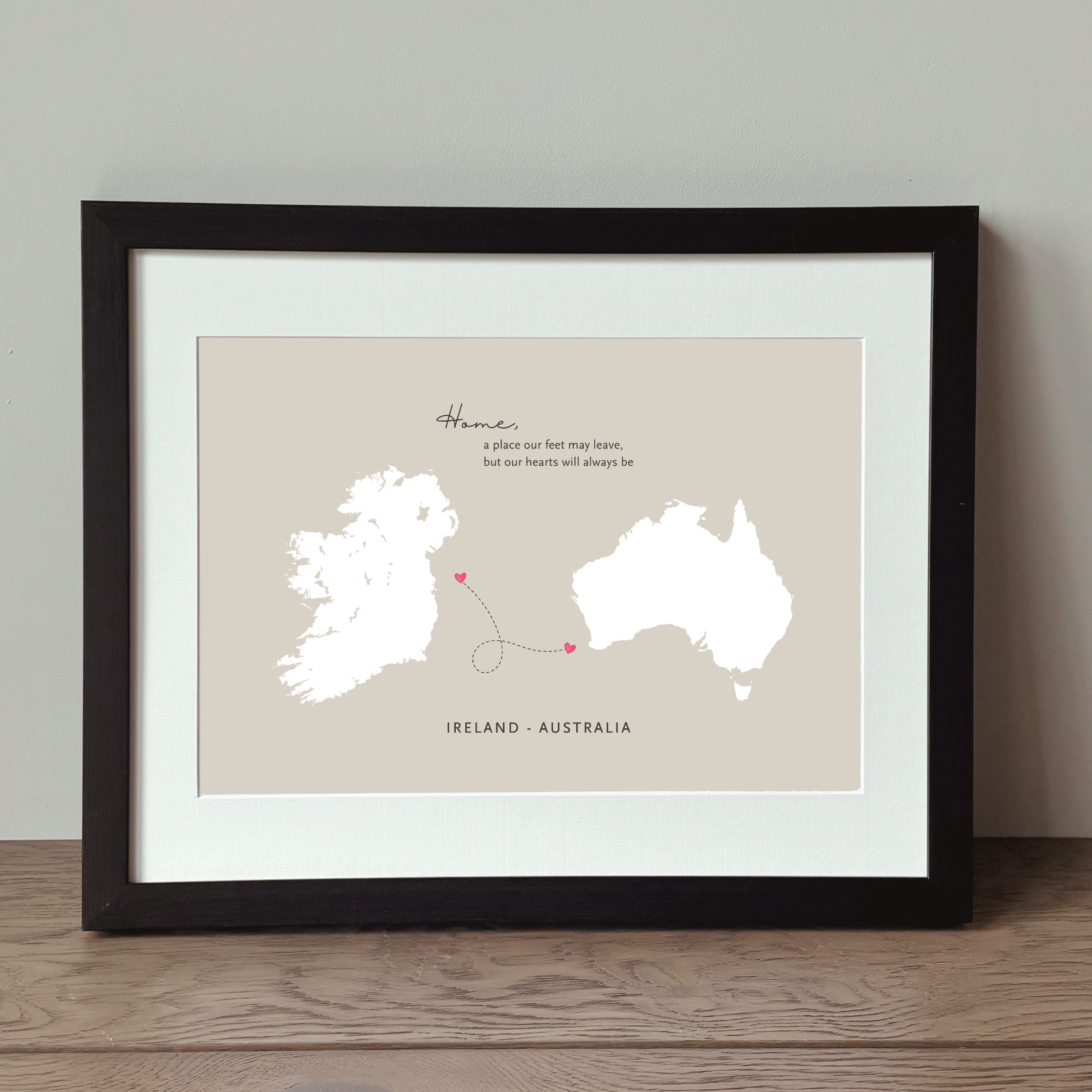 Framed Ireland to Australia home wall art for Irish living abroad