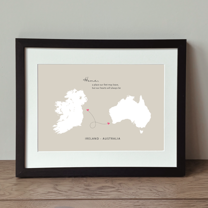 Framed Ireland to Australia home wall art for Irish living abroad