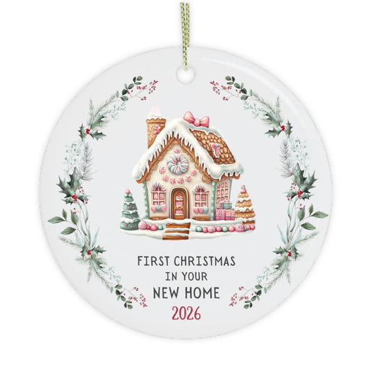 First Christmas in your new home ornament with gingerbread house and festive wreath