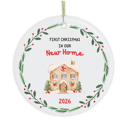 First Christmas in our new home ornament with gingerbread house and festive wreath