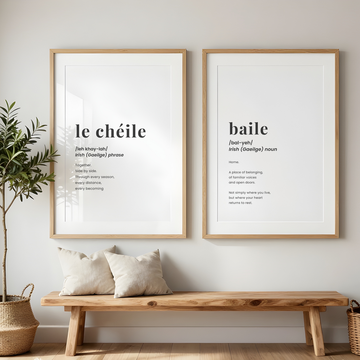 le cheile irish language wall art meaning together minimalist gaelic print duo - baile meaning home