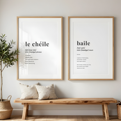 le cheile irish language wall art meaning together minimalist gaelic print duo - baile meaning home