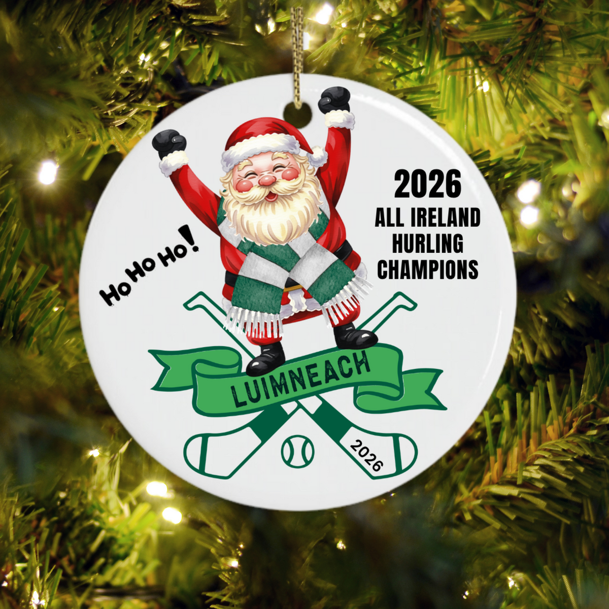 Limerick 2026 All-Ireland Christmas ornament with Santa, green and white scarf, hurleys and sliotar