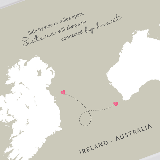 Close up of Ireland and Australia sisters map print with heart connection design