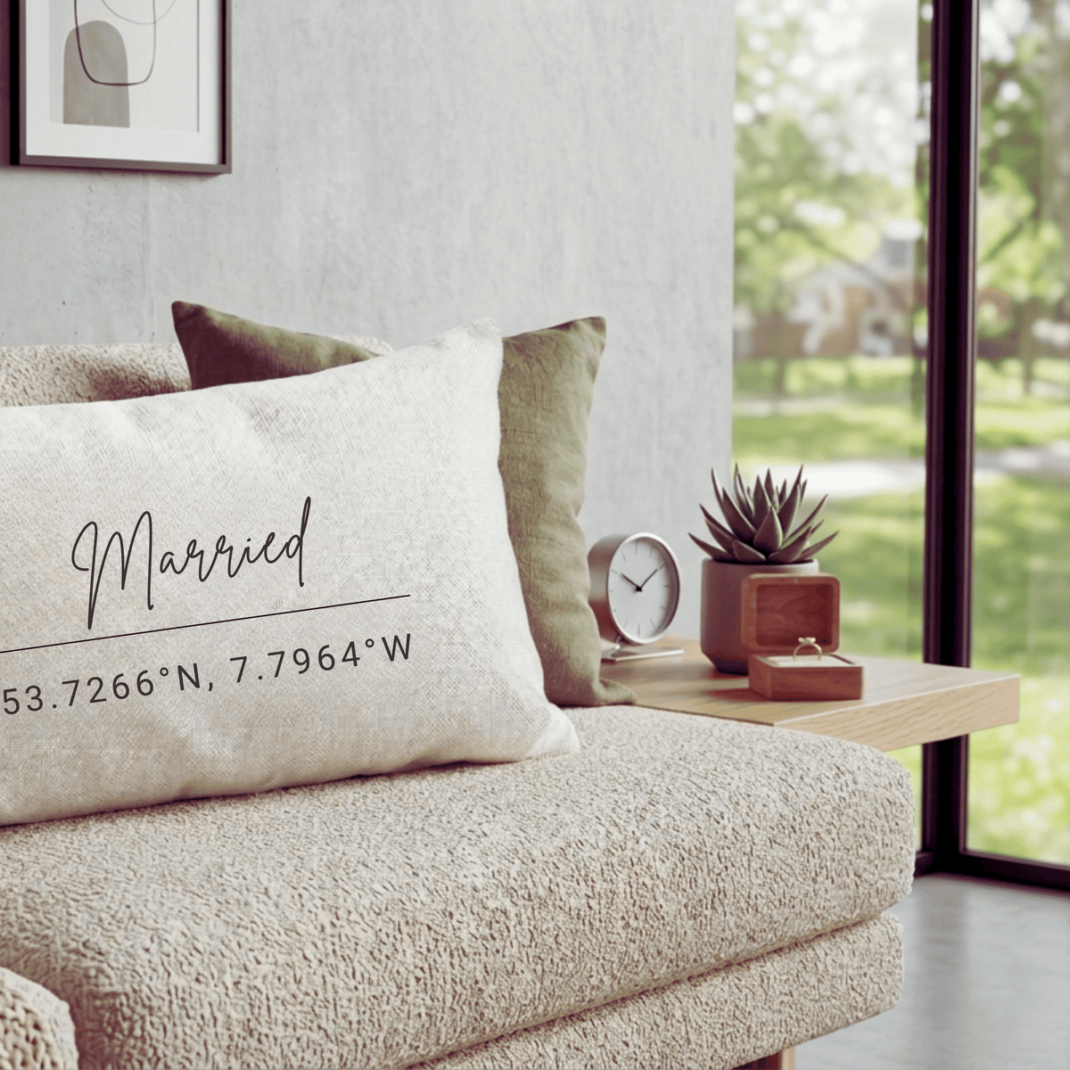 Personalised wedding cushion with married script and custom location coordinates keepsake lifestyle scene on sofa