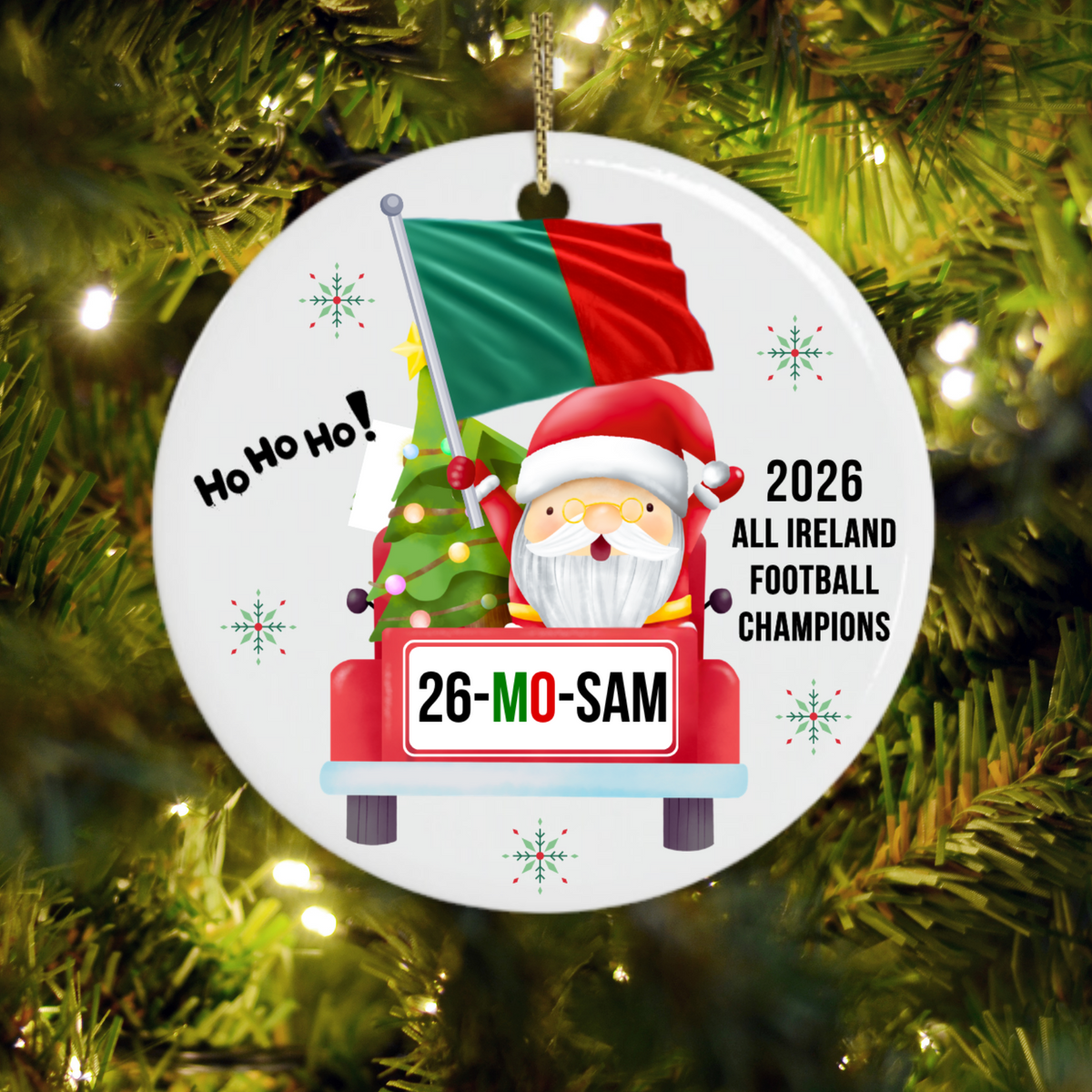 Mayo 2026 All-Ireland Christmas ornament with Santa, Mayo flag and 26-MO-SAM design
