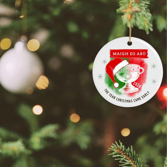 Mayo 2026 All-Ireland Christmas ornament featuring Maigh Eo Abú, Sam Maguire Cup and festive Santa hat