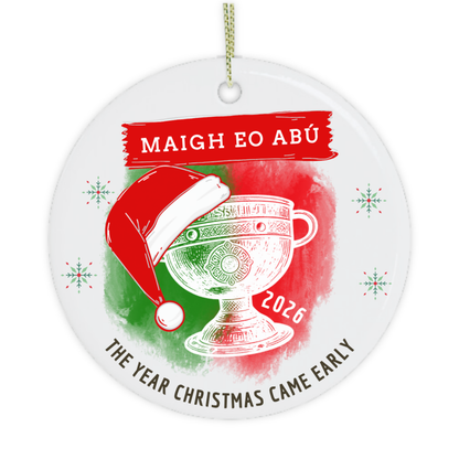 Close-up of Mayo 2026 All-Ireland Christmas ornament with Maigh Eo Abú and Sam Maguire Cup