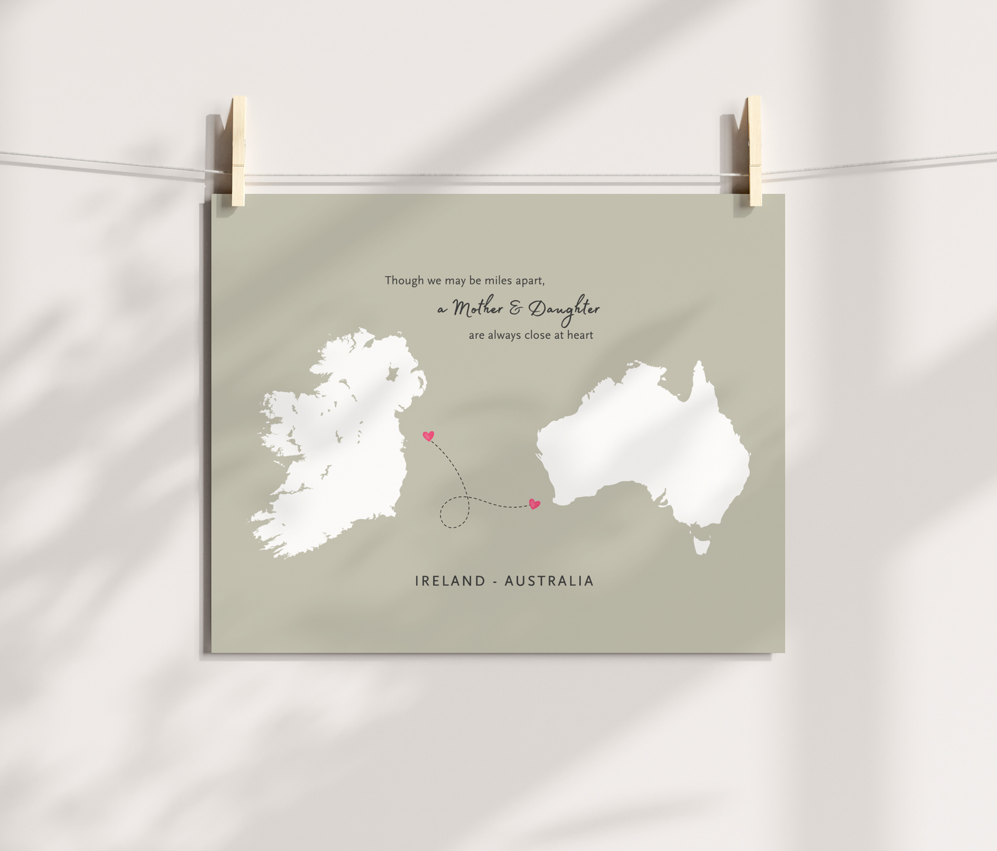 Mother and daughter long-distance map print featuring Ireland and Australia a4 size