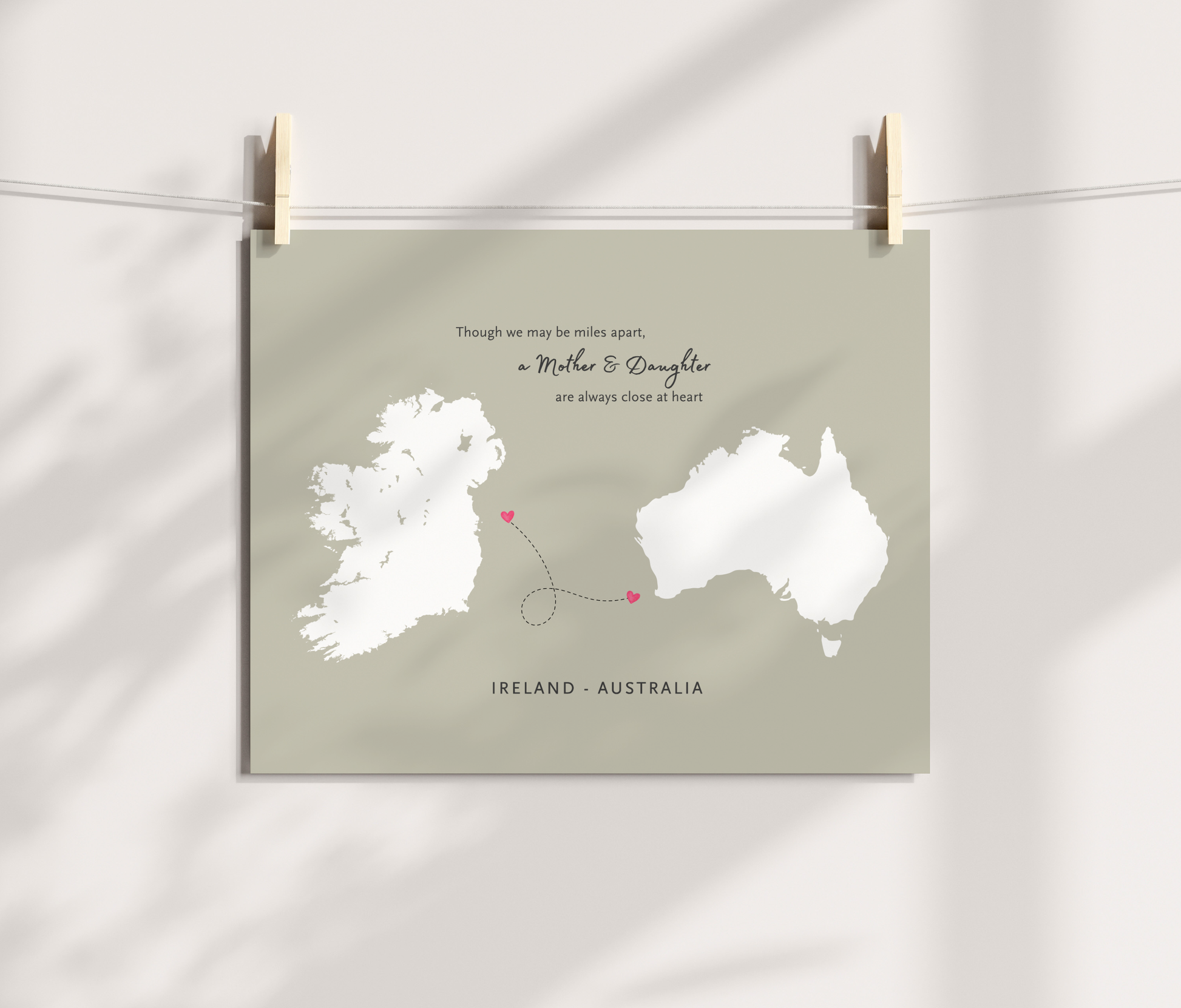 Mother and daughter long-distance map print featuring Ireland and Australia a4 size