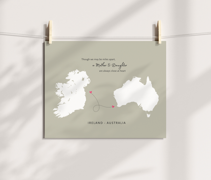 Mother and daughter long-distance map print featuring Ireland and Australia a4 size