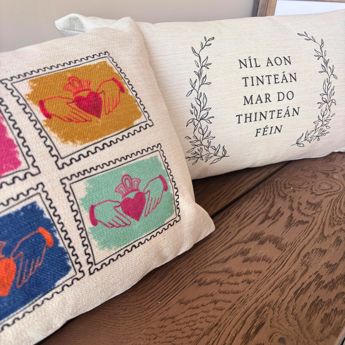 Irish language cushion featuring traditional Irish saying there's no place like home