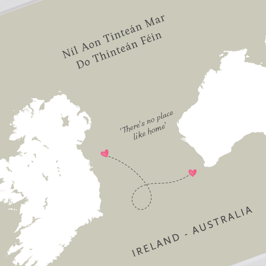 Minimalist Irish diaspora map print inspired by the saying There is no place like home close detail