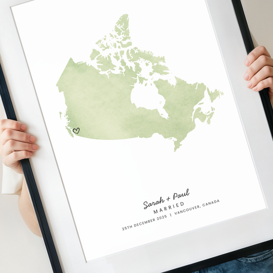 Personalised Canada married map print with names and wedding date close-up