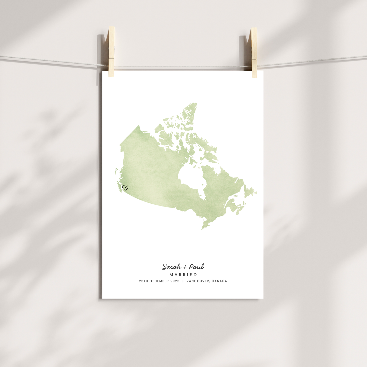 Personalised Canada wedding abroad map print with names and wedding date