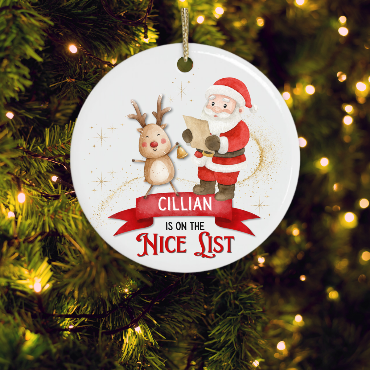 Personalised Santa’s Nice List ornament hanging on a Christmas tree