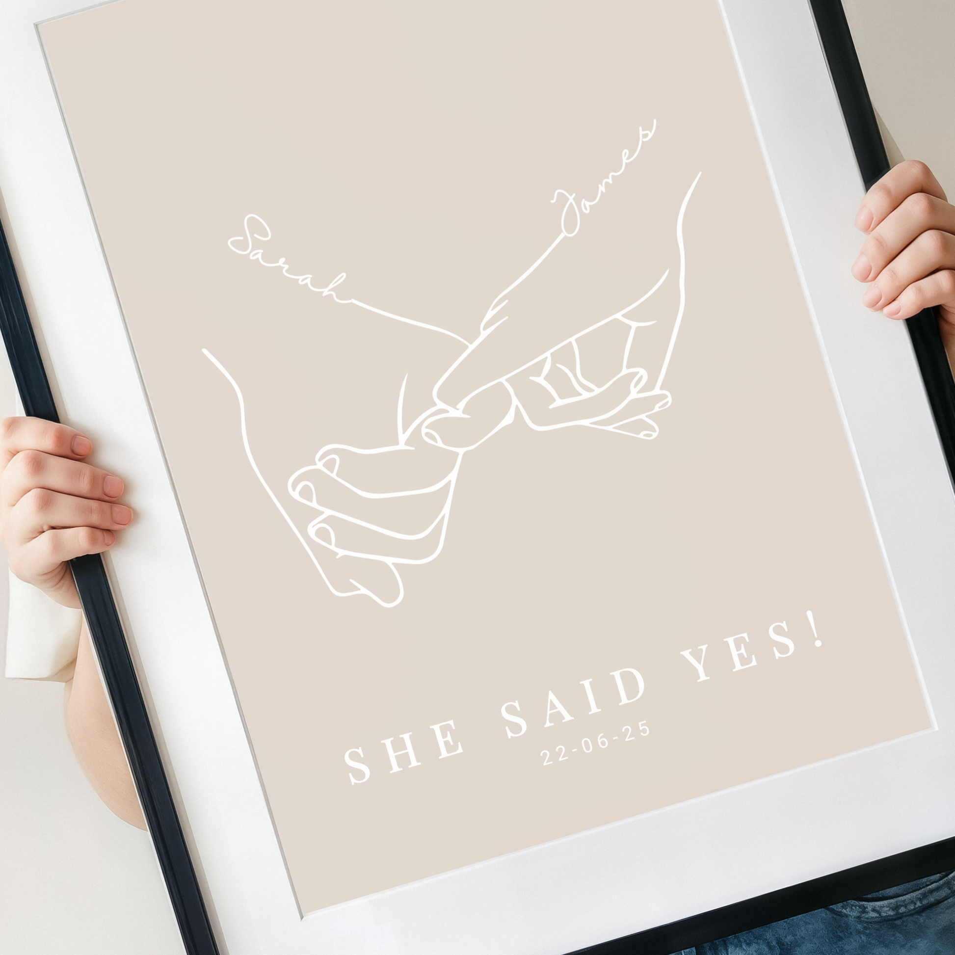 Personalised engaged couple line art print with names and engagement date wording - she said yes!