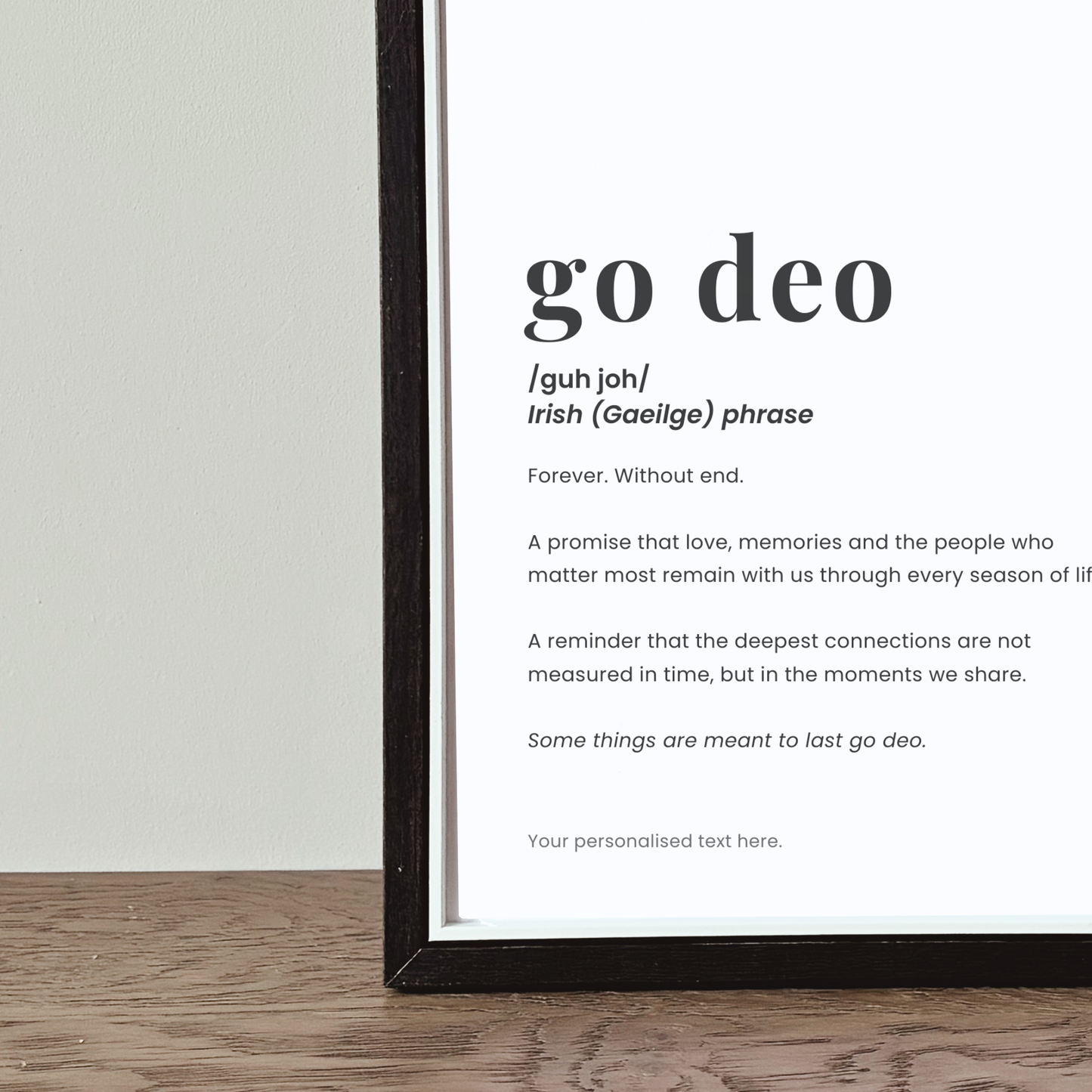 Go Deo definition print featuring the Irish phrase meaning forever