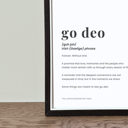 Go Deo definition print featuring the Irish phrase meaning forever