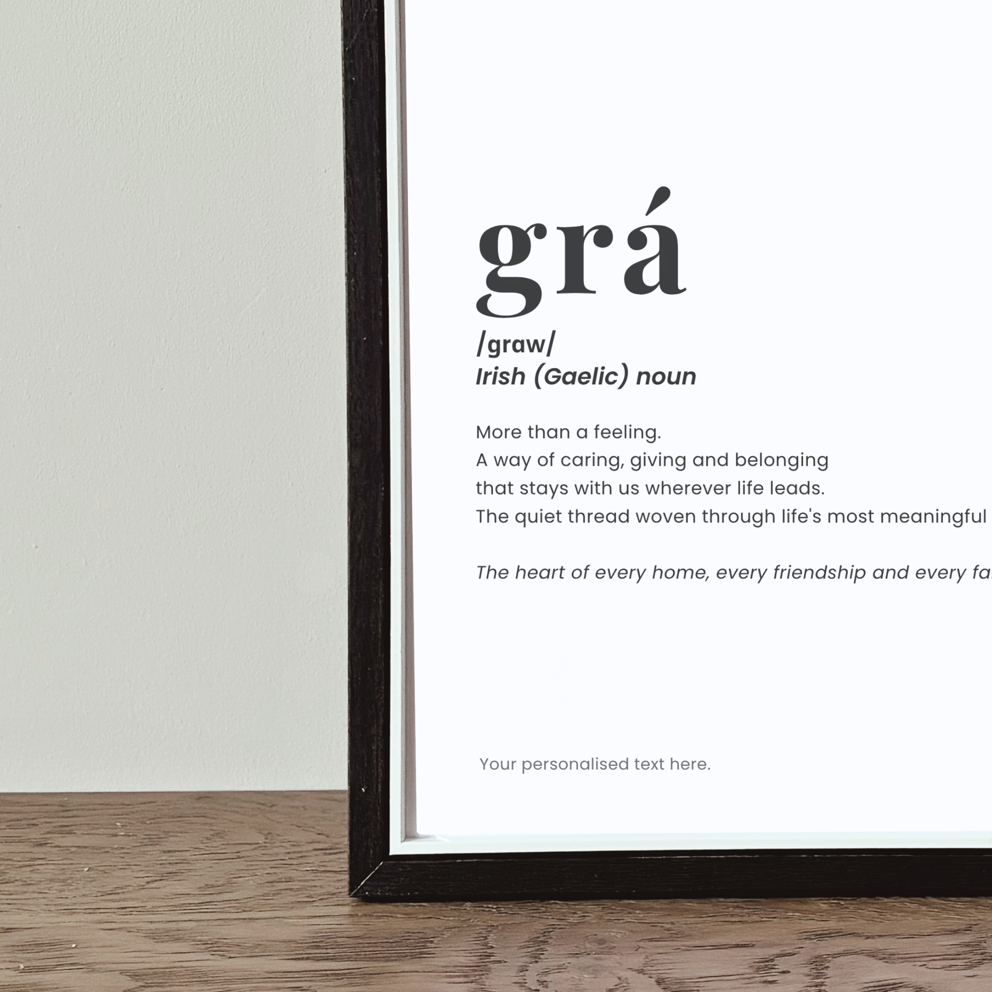 Personalised Grá Irish definition print in black frame