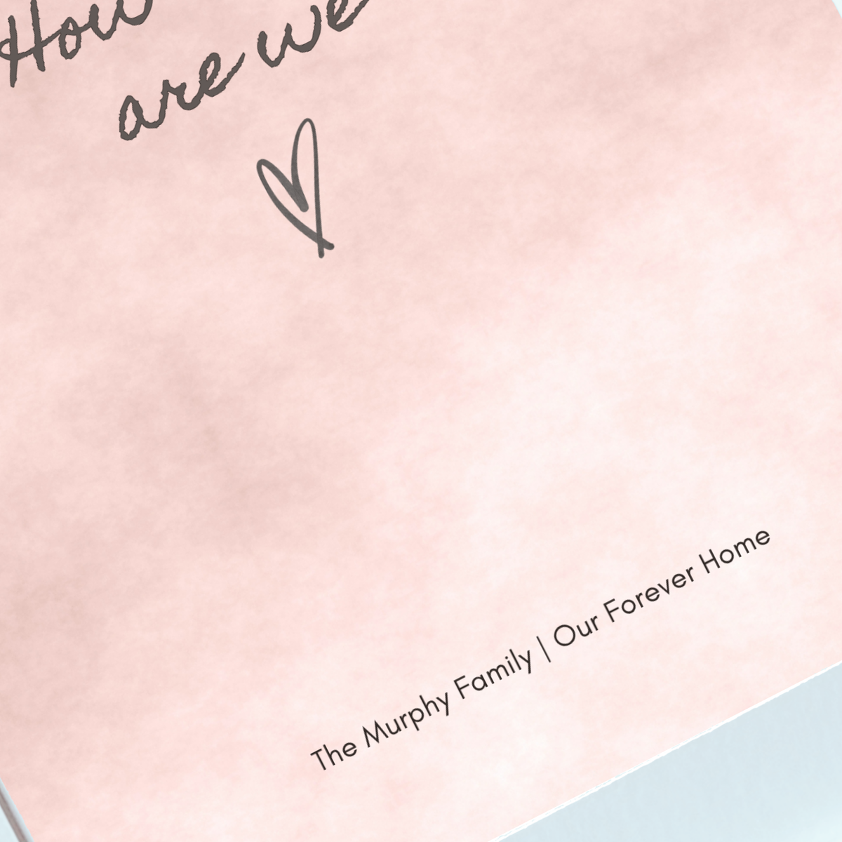 Personalised How Lucky Are We blush print with family name beneath the handwritten wording