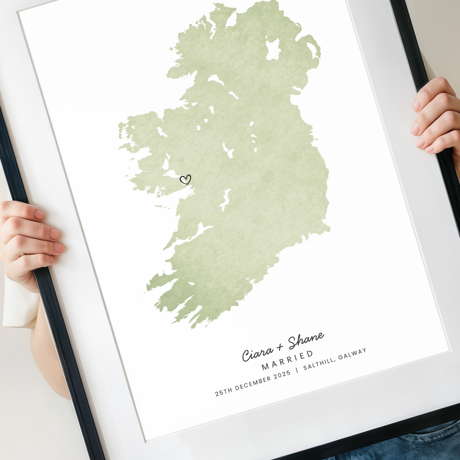 Personalised Ireland wedding map print with names and wedding date in black frame