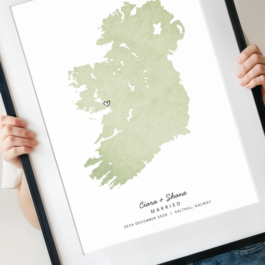 Personalised Ireland wedding map print with names and wedding date in black frame