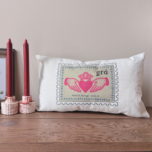 Personalised Irish cushion with Claddagh heart, hands and crown