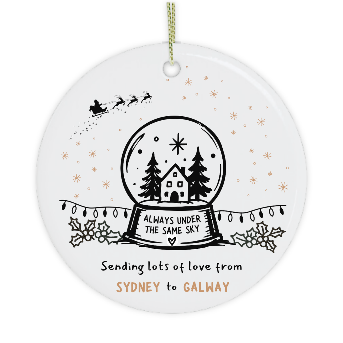 Long distance Christmas gift ornament connecting one location to another