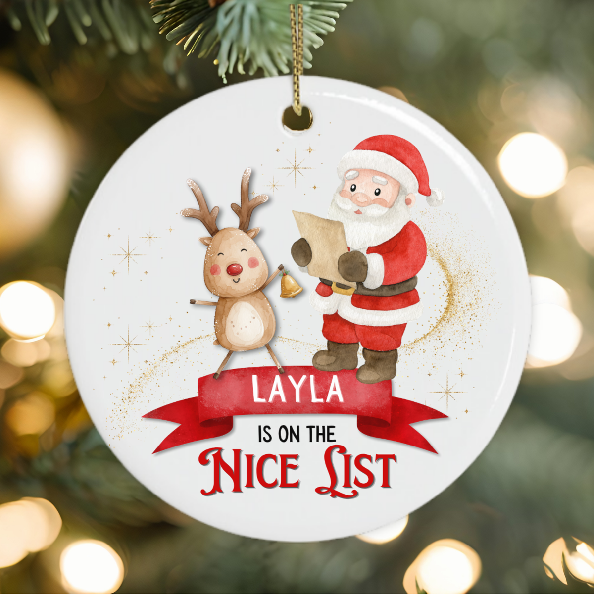 Personalised Santa’s Nice List Christmas ornament featuring Santa, a reindeer and the name Layla