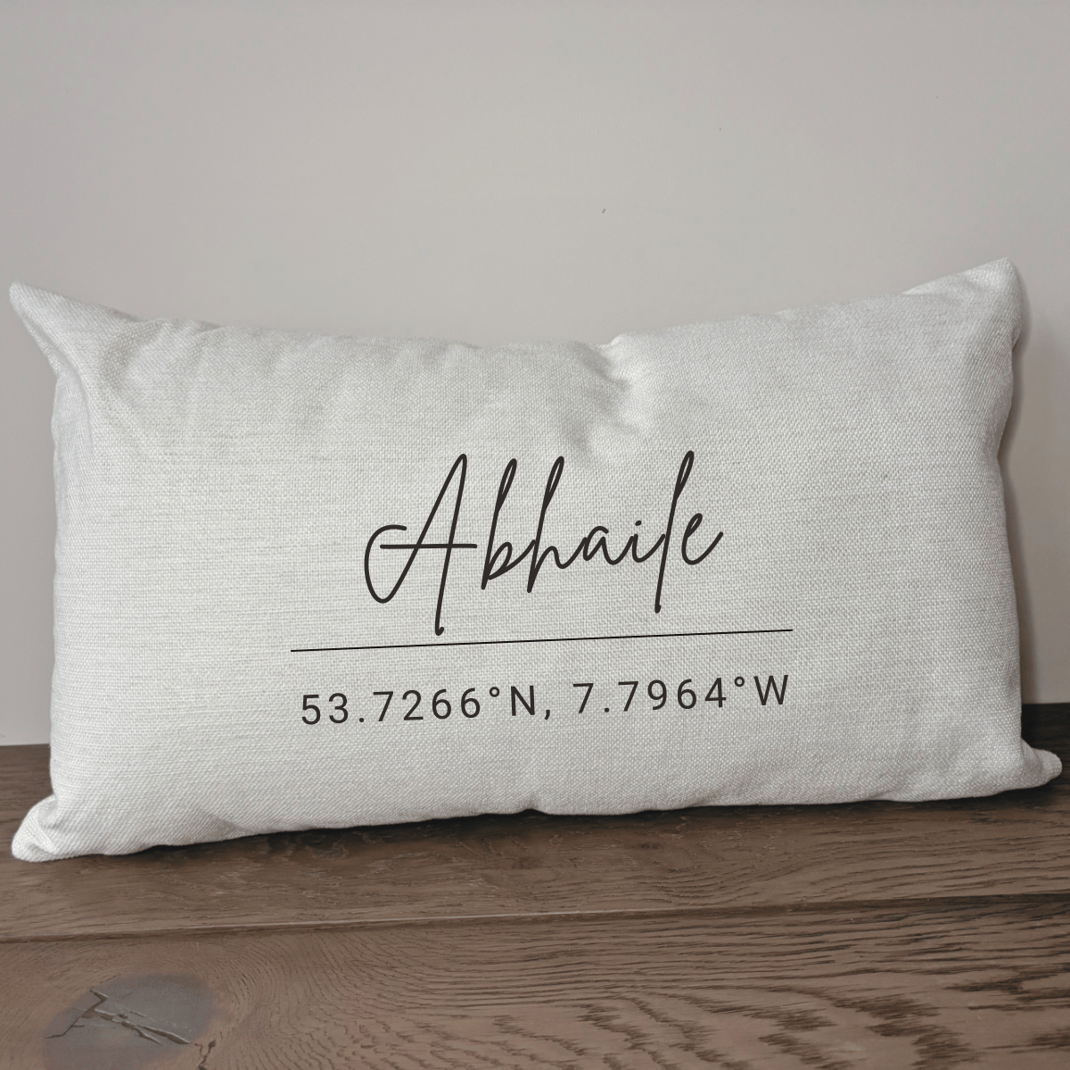 Abhaile cushion with personalised coordinates, meaningful Irish home keepsake gift 