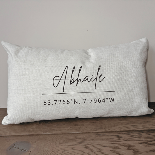 Abhaile cushion with personalised coordinates, meaningful Irish home keepsake gift 