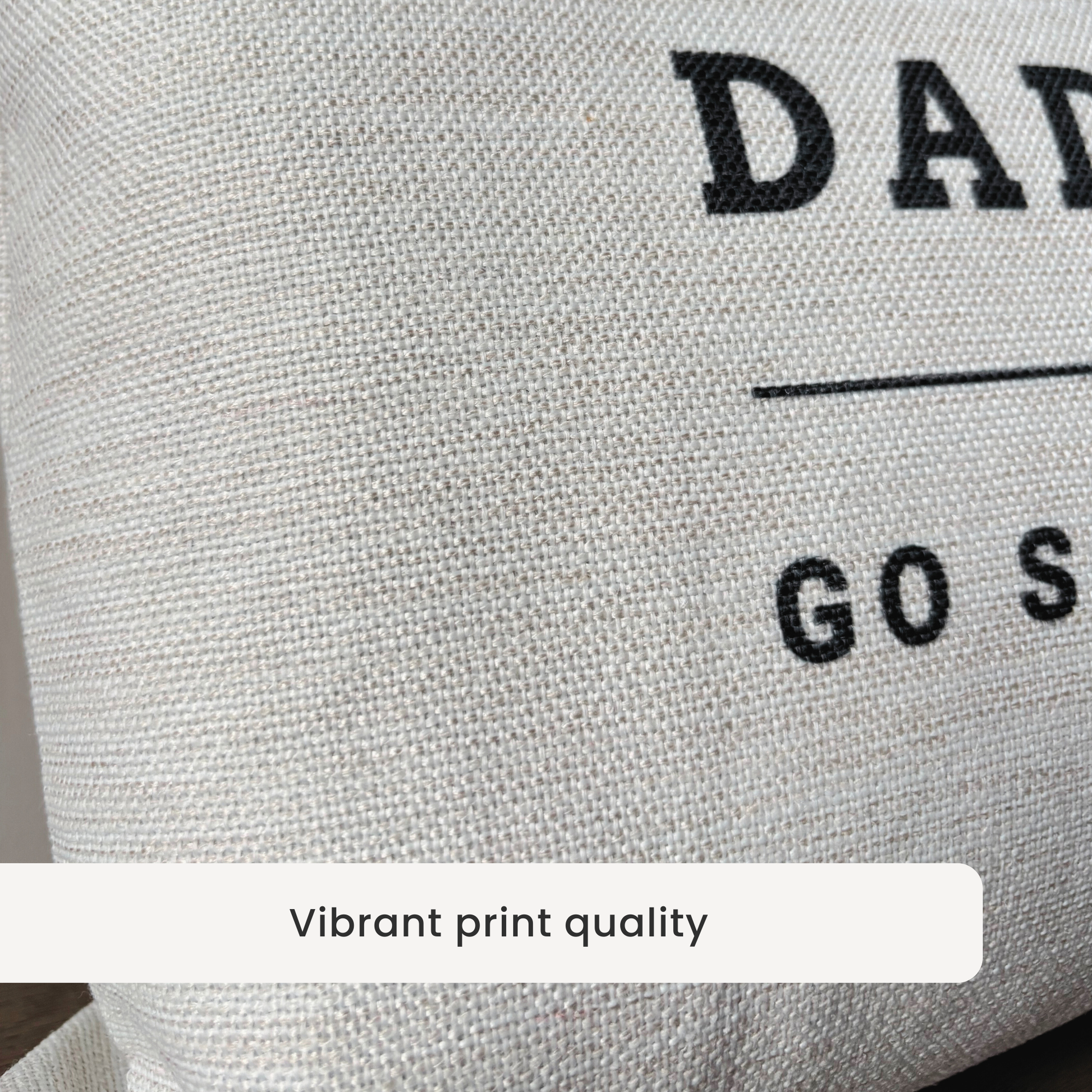 linen style textured fabric with black printed text showing print quality