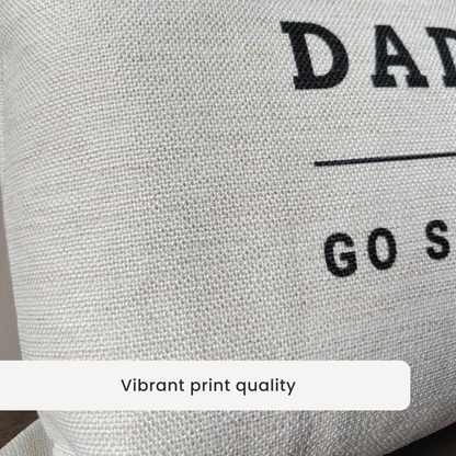 linen style textured fabric with black printed text showing print quality